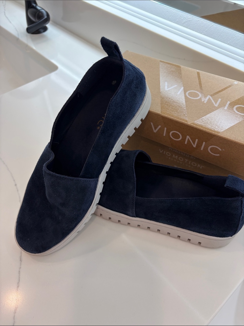 Vionic Navy Suede Slip-On Flats with White Soles
